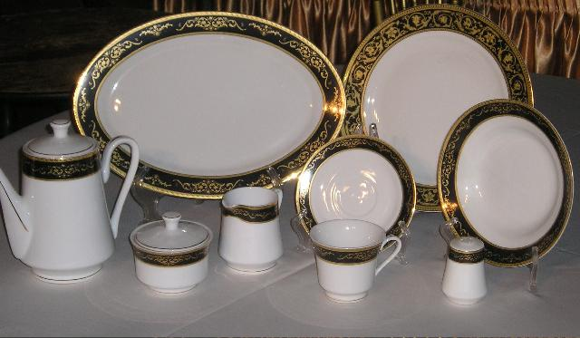 Elegant White China with 16th Century Black and Gold Italian Pattern 